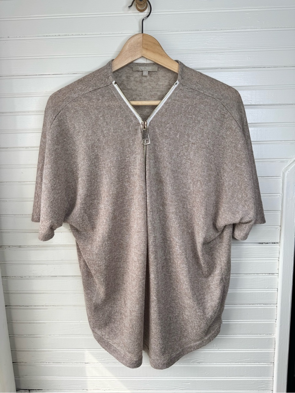 Joan Vass Zip-Front Short Sleeve Sweater Sz L
